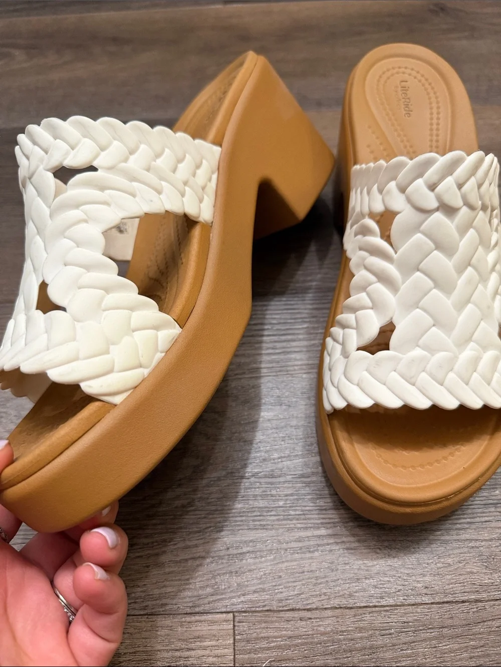 White Woven Slide Sandals with Tan Platform - LiteRide